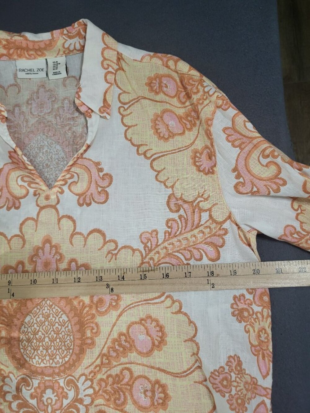 Rachel Zoe SZ M Long Sleeved V Neck Linen Boho Print Blouse Top Orange White - Picture 3 of 6